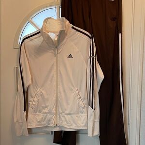 Adidas Women's Cream and Brown Sweatsuit Jacket and Pant with Adidas Stripes